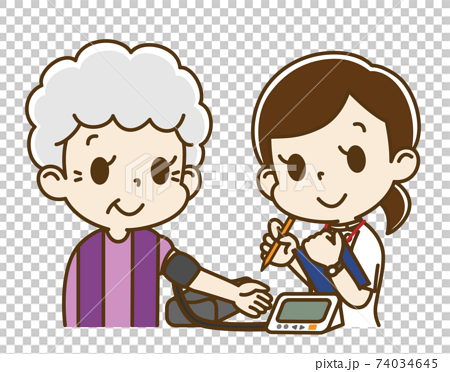 電子血圧計で血圧測定を受ける高齢女性（女性看護師） 74034645