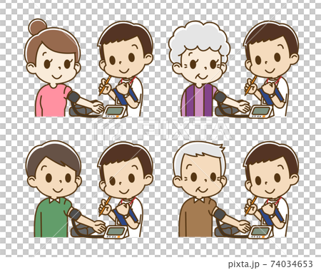 Set of people who receive blood pressure measurement with an electronic sphygmomanometer (male nurse) Set of people who receive blood pressure measurement with an electronic sphygmomanometer (male nurse) 74034653