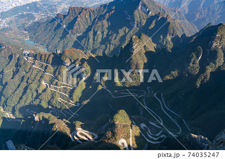 Spectacular aerial landscape of 99 Bend Road at Tianmen Mountain 74035247