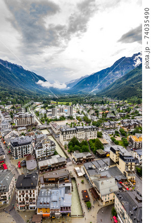 Beautiful vertical panorama landscape scenery of villages in Chamonix valley Beautiful vertical panorama landscape scenery of villages in Chamonix valley 74035490