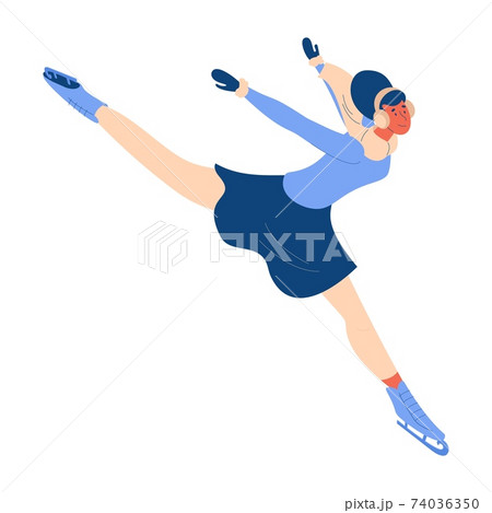 Woman doing figure skating element in winter clothes with smile on face. Isolated on white background female character. Woman doing figure skating element in winter clothes with smile on face. Isolated on white background female character. 74036350