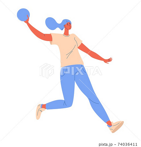 Young woman running with ball during dodgeball game isolated on white. Vector character happy and active 74036411