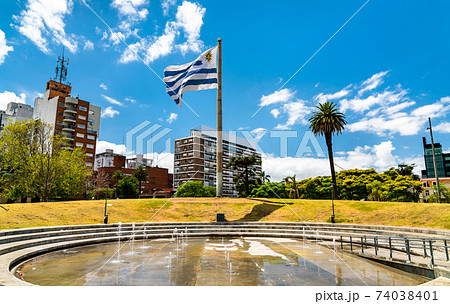 National flag of Uruguay at Tres Cruces district of Montevideo, Uruguay 74038401
