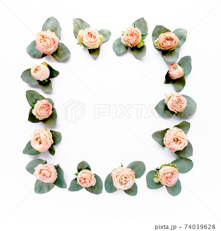 frame made of pink roses, green leaves eucalyptus, branches, floral pattern on white background. Flat lay, top view. Valentine's background. frame made of pink roses, green leaves eucalyptus, branches, floral pattern on white background. Flat lay, top view. Valentine's background. 74039628