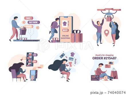 Online store. Concept characters retail internet shop buyers mobile smartphone billing garish vector people 74040074