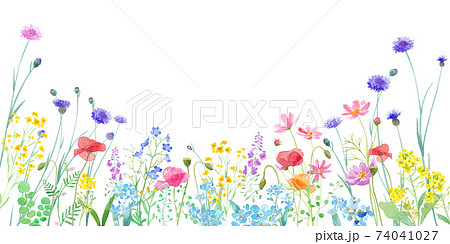 色々な花が咲き乱れる 春の野原の水彩イラスト バナー背景 のイラスト素材