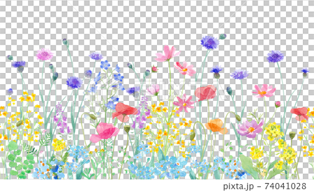 A watercolor illustration of a spring field where various flowers are in full bloom. Horizontal seamless pattern. 74041028