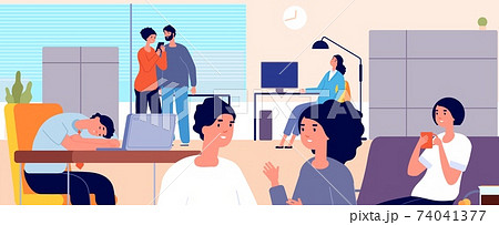 Procrastination concept. Lazy office people, working man sleeping at desk. Girl drink coffee, managers talking and relaxes utter vector illustration Procrastination concept. Lazy office people, working man sleeping at desk. Girl drink coffee, managers talking and relaxes utter vector illustration 74041377