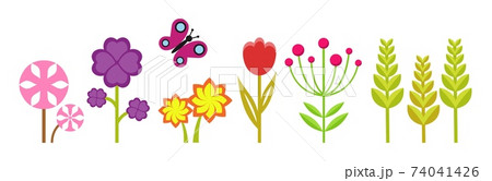 Spring garden. Cute bright flowers, meadow plants and flying butterfly. Isolated flat floral vector elements 74041426