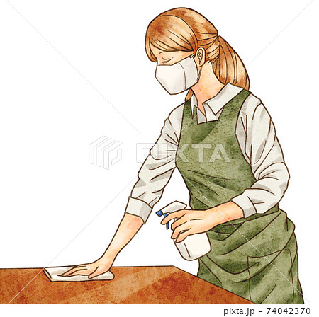 テーブルを消毒する女性2のイラスト素材