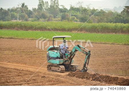 Gardeners are forcing a small loader to dig a garden trench with tree background. Gardeners are forcing a small loader to dig a garden trench with tree background. 74043860