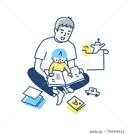 膝の上で抱っこしながら絵本を読む父と男の子 膝の上で抱っこしながら絵本を読む父と男の子 74044431
