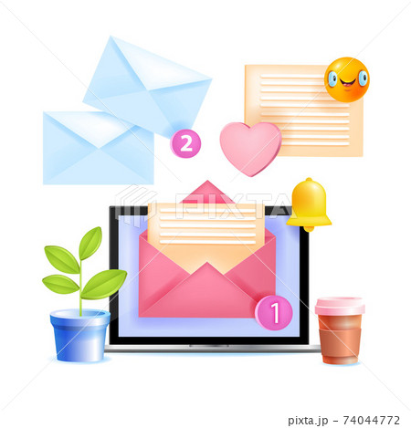 Notification vector icon set, new message alert 3D concept isolated on white with laptop, envelopes Notification vector icon set, new message alert 3D concept isolated on white with laptop, envelopes 74044772