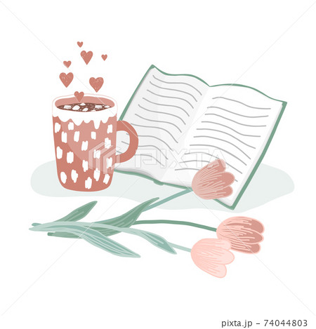 A cup of hot cocoa with marshmallow, open book, and tulips. Concept of love, hygge, and happy morning. Hand drawing vector illustration 74044803