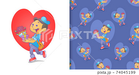 Pattern set watercolor of the postman sending the bucket of flowers and gift Pattern set watercolor of the postman sending the bucket of flowers and gift 74045199