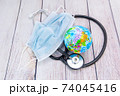 Globe, phonendoscope and medical mask. Worldwide epidemic 74045416