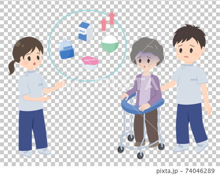 痩せたおばあちゃんに食事量アップの提案をするイラスト_リハビリ_栄養補助食品 74046289