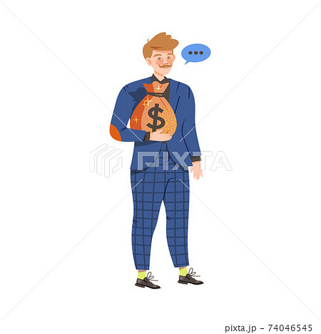 Male Holding Sack with Money Coins and Dollar Banknotes Vector Illustration 74046545