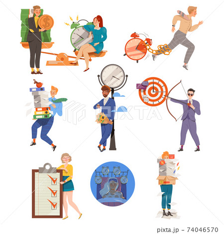 Time Management with People Characters Multitasking and Organizing their Time Vector Illustration Set 74046570