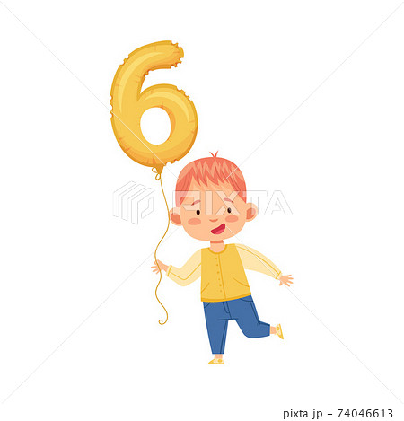 Cute Boy Holding Golden Number Shaped Balloon by the String Vector Illustration 74046613