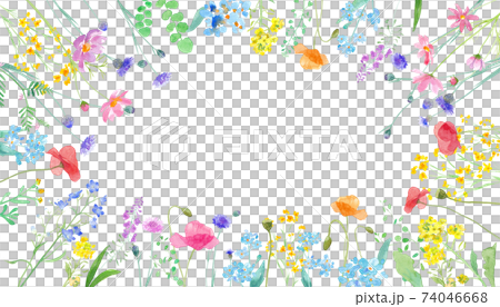 春の野原に咲く草花の水彩イラスト。囲みフレームデザイン。 74046668