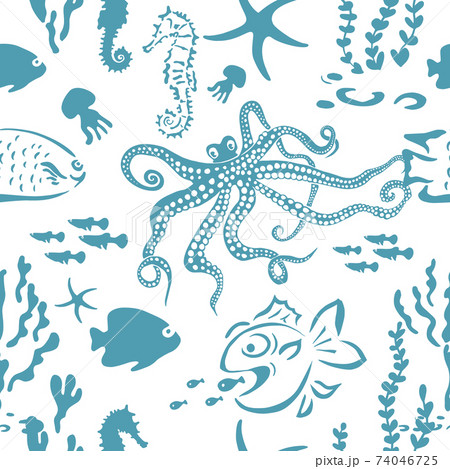 Marine animals blue seamless pattern. Vector illustration Marine animals blue seamless pattern. Vector illustration 74046725