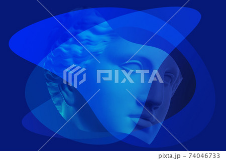 Collage with plaster antique sculpture of human face in a pop art style. Modern creative concept image with ancient statue head. Zine culture. Contemporary art poster. Funky minimalism. Retro design. 74046733