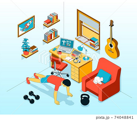 Pushup - exercise at home. Home workout in workplace. 74048841