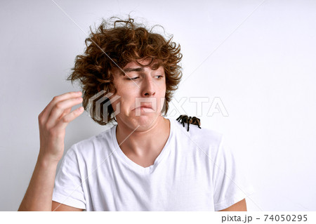 young man patiently refers to a spider crawling on his shoulder, looking at it young man patiently refers to a spider crawling on his shoulder, looking at it 74050295