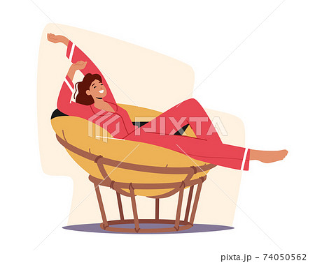 Female Character in Pajama Stretching and Relaxing in Comfortable Soft Round Chair. Woman Use Modern Furniture Design Female Character in Pajama Stretching and Relaxing in Comfortable Soft Round Chair. Woman Use Modern Furniture Design 74050562