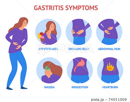 Cartoon Color Character Person Woman and Gastritis Symptoms Concept. Vector Cartoon Color Character Person Woman and Gastritis Symptoms Concept. Vector 74051009