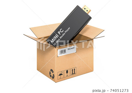 Mini PC TV Dongle Stick inside cardboard box, delivery concept. 3D rendering Mini PC TV Dongle Stick inside cardboard box, delivery concept. 3D rendering 74051273