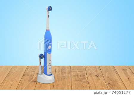 Electric toothbrush on the wooden planks, 3D rendering 74051277