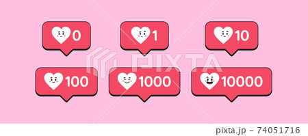 Bubble notification of like counter with cartoon heart and face expressions. Joy growth 74051716