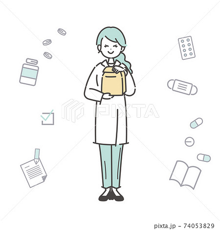 女性薬剤師と医薬品アイコンのイラストのイラスト素材