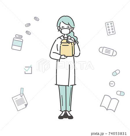 女性薬剤師と医薬品アイコンのイラストのイラスト素材