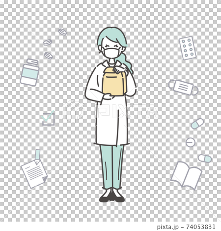 女性薬剤師と医薬品アイコンのイラスト 74053831