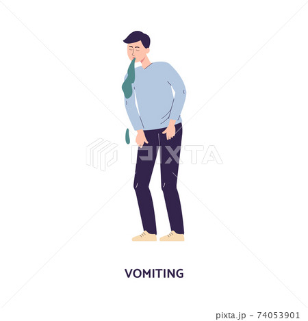 Man character releasing a stream of vomit, flat vector illustration isolated. Man character releasing a stream of vomit, flat vector illustration isolated. 74053901