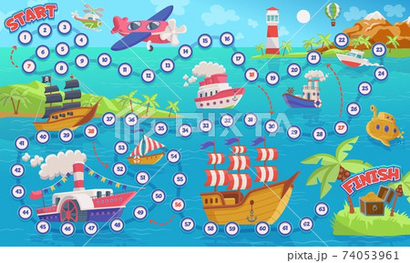 Kids maze game design with various ships flat vector cartoon illustration. 74053961