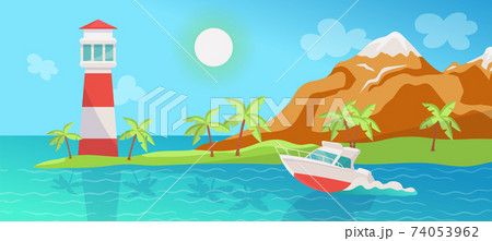 Tropical summer day sea landscape with boat, flat cartoon vector illustration. Tropical summer day sea landscape with boat, flat cartoon vector illustration. 74053962