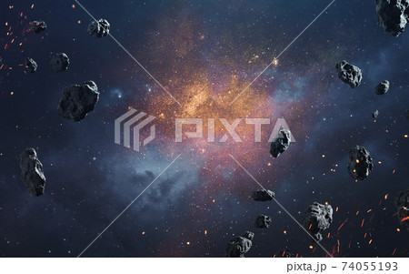 Abstract cosmic background with asteroids and glowing stars. Deep space image, science fiction fantasy in high resolution ideal for wallpaper and print. Elements of this image furnished by NASA 74055193