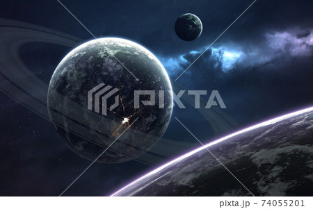 Ringed planet. Deep space image, science fiction fantasy in high resolution ideal for wallpaper and print. Elements of this image furnished by NASA 74055201