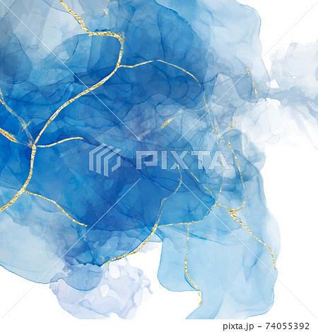 Abstract blue liquid watercolor background with golden crackers. Pastel marble ink drawing effect. Turquoise geode with kintsugi. Vector illustration design template for wedding invitation Abstract blue liquid watercolor background with golden crackers. Pastel marble ink drawing effect. Turquoise geode with kintsugi. Vector illustration design template for wedding invitation 74055392