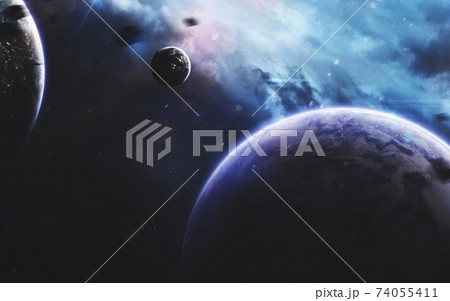 Unexplored planets of faraway space. Deep space image, science fiction fantasy in high resolution ideal for wallpaper and print. Elements of this image furnished by NASA 74055411
