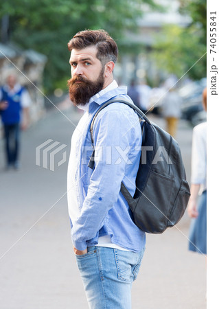 Modern rest. Bearded man travel. Guy exploring city.  74055841
