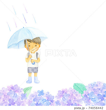 傘をさした男の子とあじさい　水彩イラスト 74056442