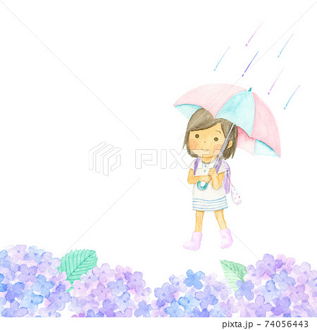 傘をさした女の子とあじさい 水彩イラストのイラスト素材