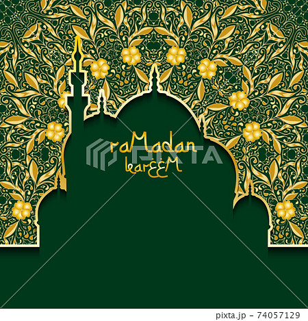 Greeting background to Muslim holiday of Ramadan.  Green background with gold pattern. The inscription Ramadan Kareem. 74057129