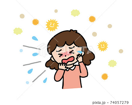 花粉症でくしゃみをする女性のイラストのイラスト素材