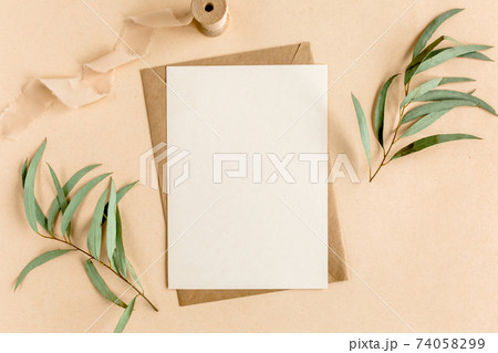 Mockup invitation, blank greeting card and craft envelope, green leaves eucalyptus. Flat lay, top view. Mockup invitation, blank greeting card and craft envelope, green leaves eucalyptus. Flat lay, top view. 74058299